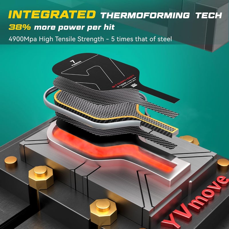 YVMOVE مضرب بيكلبول بسطح من ألياف الكربون الخام T700 ونواة بوليمر STR-Core بسمك 16 مم، مضرب بيكل بول متميز مصمم لتحقيق أقصى دوران وثبات، معتمد من USAPA - Image 4